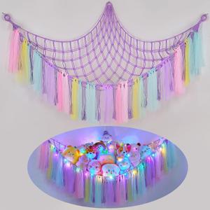 FIOBEE Stuffed Animals Net or Hammock with LED Light, Toy Hammock Hanging Stuffed Animals Storage Organizer Holder Room Dcor for Nursery Kids Bedroom (L (39"*39"*59"))