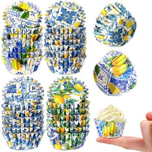800 Pcs Mini Capri Lemon Muffin Liners Amalfi Coast Party Paper Baking Cup Blue Yellow Lemon Cupcake Wrappers for Capri Mediterranean Positano Italian Wedding Birthday Party Decor