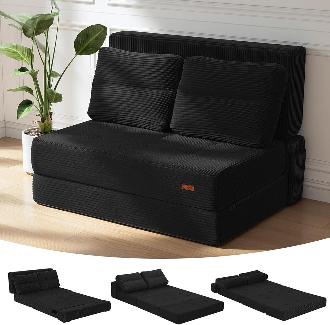 COMAX Folding Sofa Bed, Foldable Couch for Bedroom, Futon Chair Foam
Convertible Floor Sleeper, Corduroy 3 in 1 Fold Out Chair Portable Comfy Lounge Couch Sofa Bed for Small Space, Twin, Black