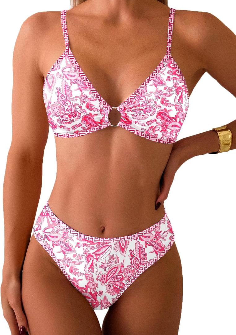 Fanuerg Women's Triangle Bikini Sets O Ring Linked Two Piece Swimsuits Floral Printed Cheeky Bathing Suit (Pink, M)
