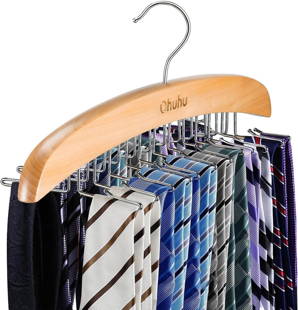 Tie Rack Hanger for Closet: Ohuhu 24 Folding Hooks Tie Hangers for Men Wooden Tie Holder Organizer Space Saving Necktie Storage 360 Degree Rotating Ties Belts Scarves Tank Tops Accessories-Burlywood (1 Pack)
