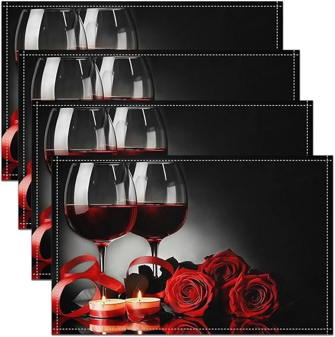 Rose Wine Glass Placemats, Red Black Rose Place Mats 12x18Inch Set of 4, Floral Blossom Wipeable Placemats for Dining Table, Banquet Flower Romantic Valentine's Day Table Mats, Women Men Adult