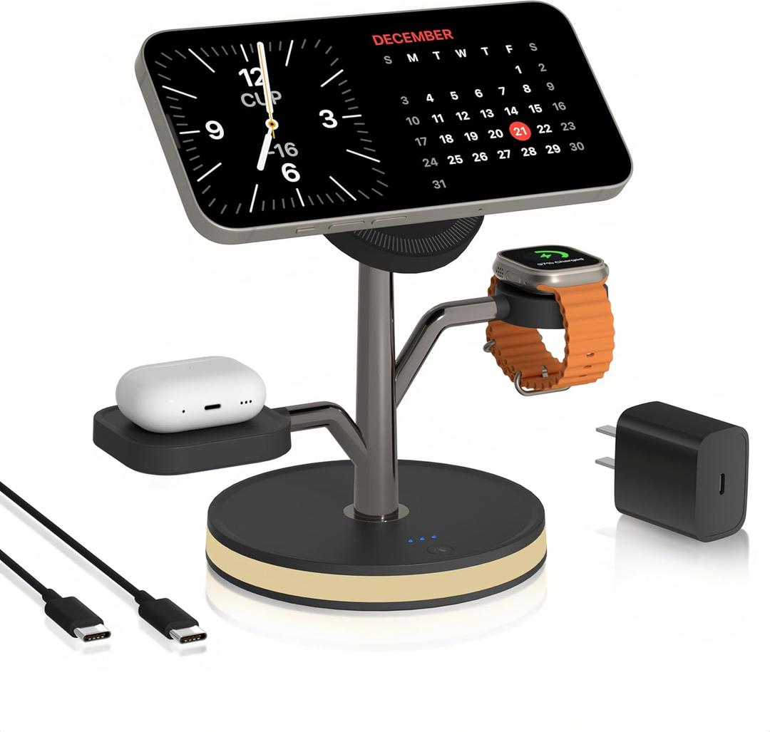 3 in 1 Charging Station for Apple Devices, Fast Charging Magsafe Charger Stand with LED Light and 20W PD Adapter, Wireless Nightstand Charger for iPhone17/ 16/ 15/ 14/ 13/ 12 Series, AirPods, iWatch and More