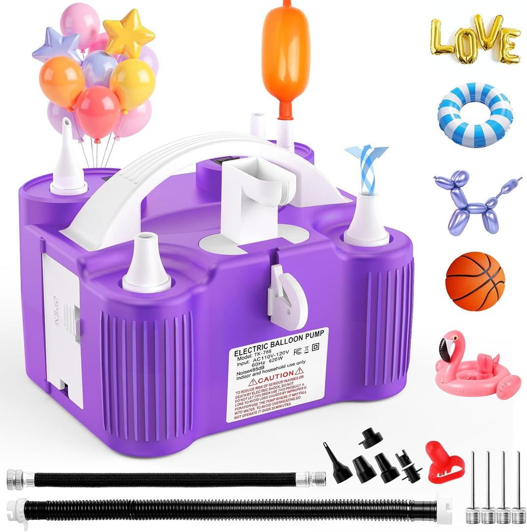 4-in-1 Electric Balloon Pump Portable Air Pump for All Balloons/Inflatables/Sports Balls Triple Nozzle Quick-Fill 260q Foil Mylar Balloon 110V Prowerful Inflator Deflator for Pool Floats (Purple)