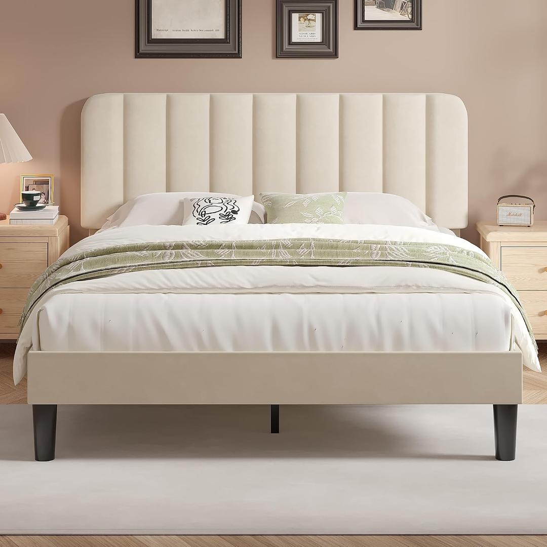 VECELO Queen Size Bed Frame with Upholstered Headboard, Velvet Platform Bedframe Mattress Foundation, Strong Wood Slat Support, No Box Spring Needed,Bone Beige