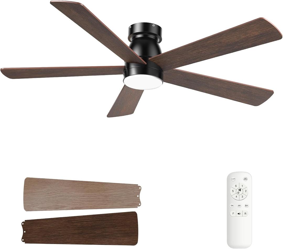 Flush Mount Ceiling Fans with Lights, 52 inch Low Profile Indoor Ceiling Fan with Light and Remote Control, Reversible, LED Dimmable, Noiseless, Modern Black Ceiling Fan for Bedroom Living Room