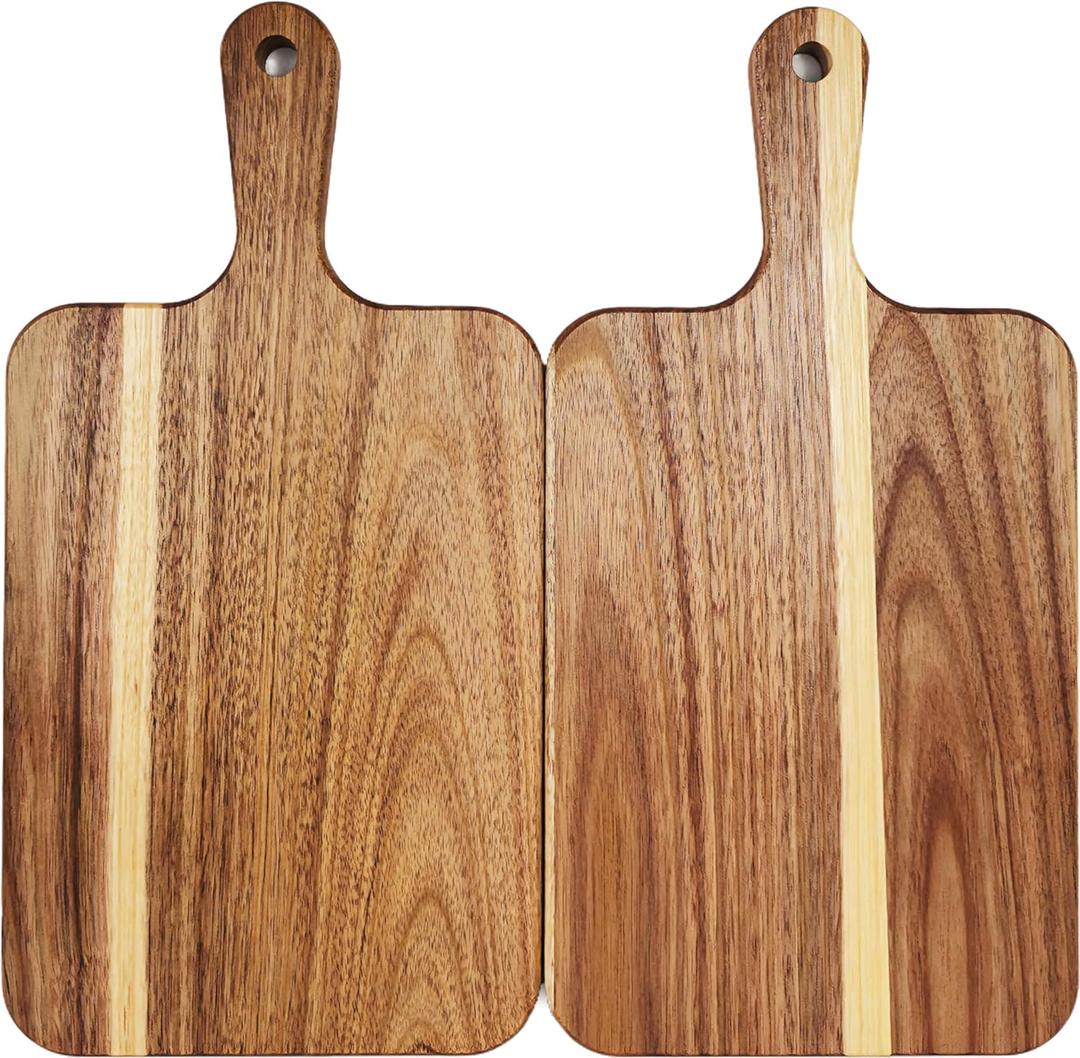 ZeQi 2 Pack Small Acacia Wood Cutting Board with Handle 13.7''X7'', Chopping Board, Charcuterie Board, Serving Board for Cheese, Bread, Meat, Vegetables & Fruits (2 Pack Rectangular)