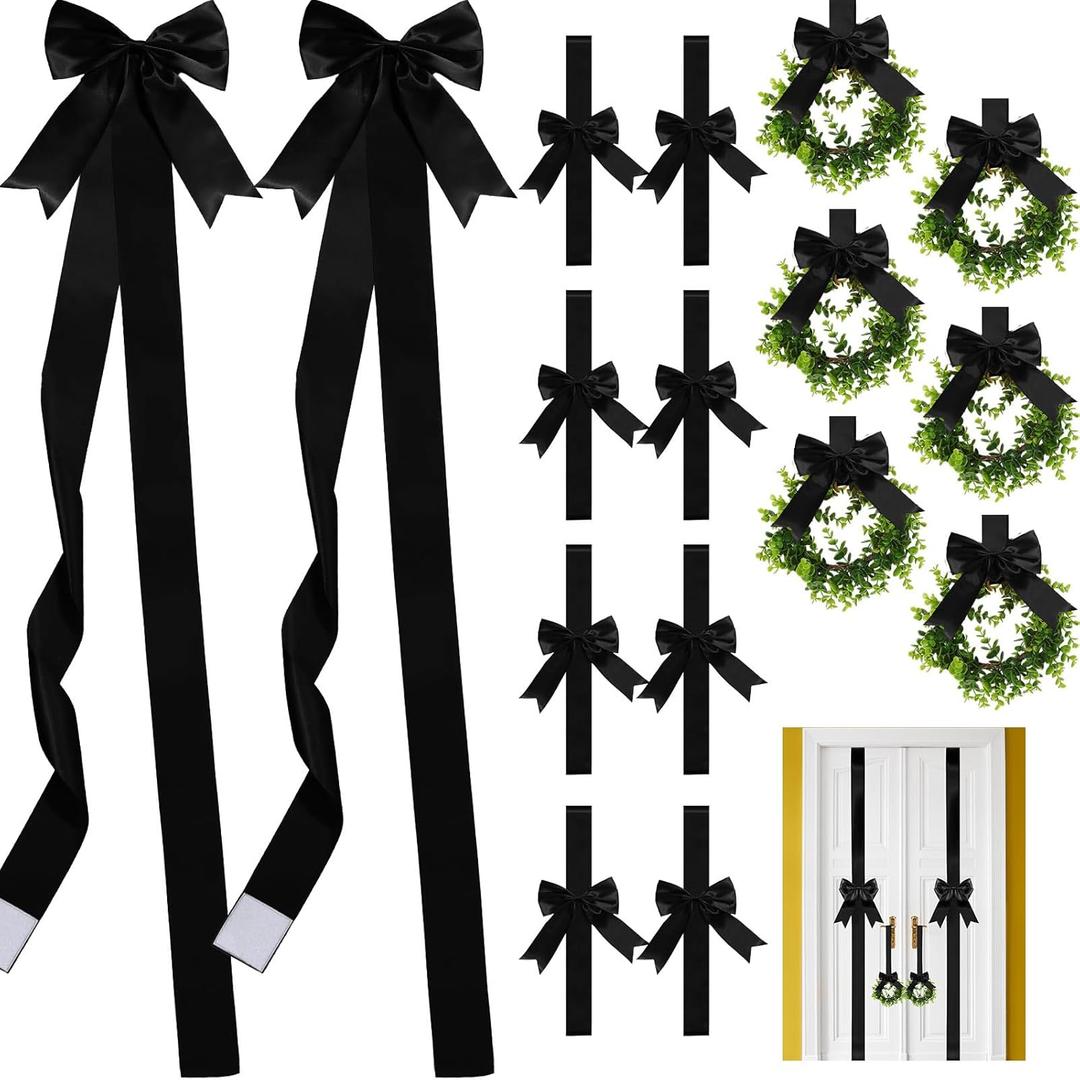 Yinkin 16 Pcs Christmas Door Cabinet Bows with Wreaths Set 10 Large Black Cabinet Bows 6 Mini Hanging Garlands Front Door Decorations Xmas Hanging Ornaments for Party Supplies