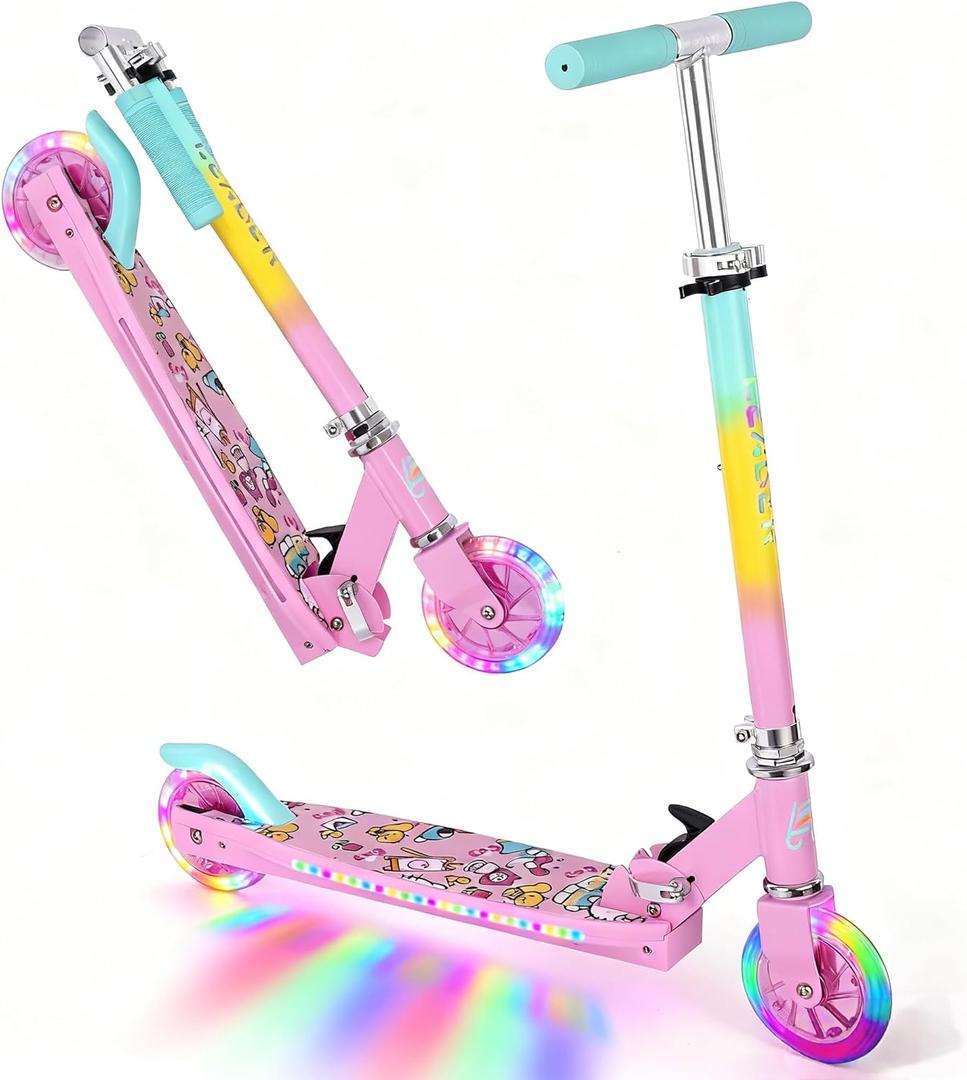 Scooters for Kids with Light-Up Wheels, Stem and Deck, Lightweight Foldable, 3 Adjustable Height Scooters for Kids 8-12 (Pink)