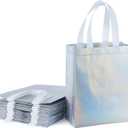 WRAPAHOLIC 12 Pack Reusable Iridescent Silver Gift Bag with Handles - Medium Size 8 x 4 x 10 inch - Perfect for Birthday Gift Bags, Shopping Bag, Goodie Bags, Party Favor Bags