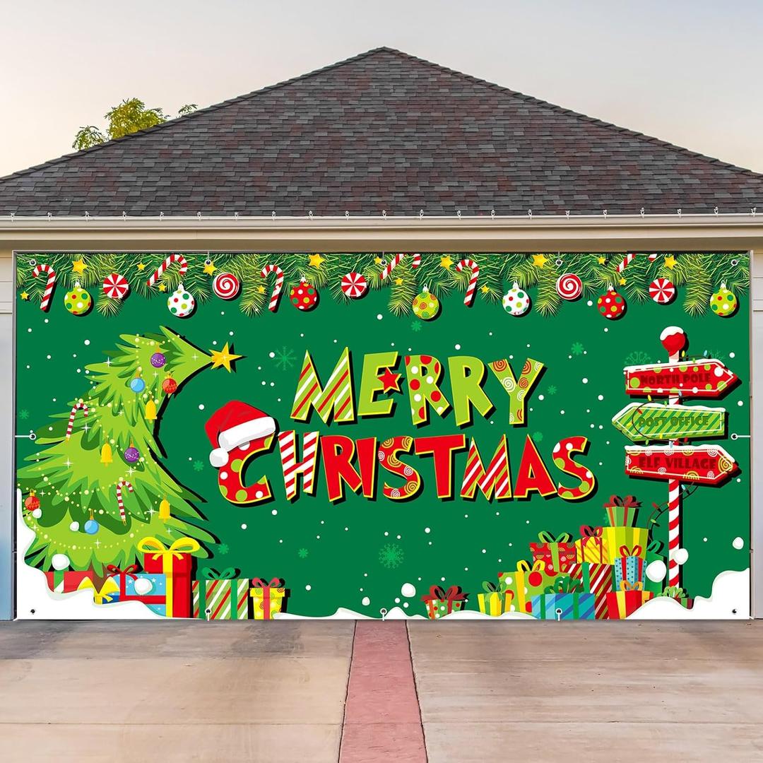Ganeen 8 x 16 ft Christmas Outdoor Green Tree Garage Door Banner Large Winter Forest Pine Trees Snowy Backdrop Holiday Background Sign for Xmas Garage Door Wall Decoration Props Gifts