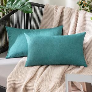 MIULEE Pack of 2 Decorative Outdoor Solid Waterproof Throw Pillow Covers Faux Linen Garden Farmhouse Cushion Cases for Patio Tent Balcony Couch Sofa 12x20 inch Turquoise
