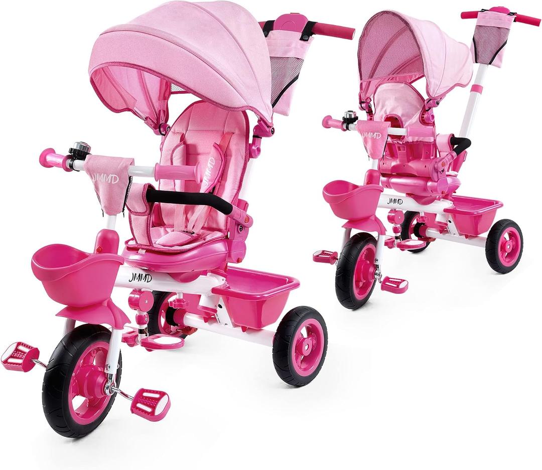 JMMD 7 in 1 Tricycle Stroller with Push Handle, Baby Trike with 360 Swivel Seat, Reclining Backrest, All-Terrain Wheels, Dual Brakes, Canopy & Storage, Gift for Kids 18 Months to 5 Years, Pink