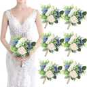 Wedding Bridesmaids Bouquets Set of 6 - Artificial Bridesmaid Rose Bouquet Handmade Maid of Honor Flowers Small Floral Centerpiece for Marriage Proposal Party Anniversary Table Decor -7 inch (Green & Dusty Blue)