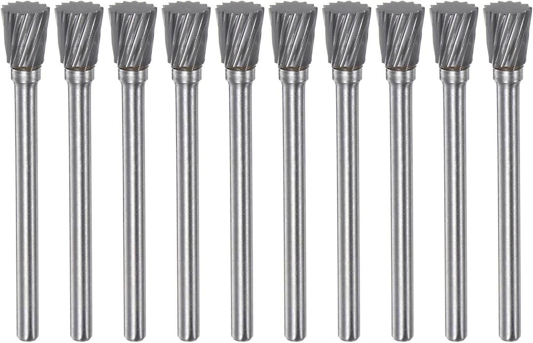 HARFINGTON 10pcs Carbide Rotary Burrs 1/8" (3mm) Shank 1/4" (6mm) Head Single Cut Inverted Cone N Shape Die Grinder Bits Rasp Files for Hard Metal Wood Stone Polishing Engraving