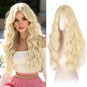 Haloo Blonde Wigs with Curtain Bangs for Women - Long Wavy Middle Part Natural Looking Synthetic Hair Wig for Daily Party Cosplay Costume, 26 Inch