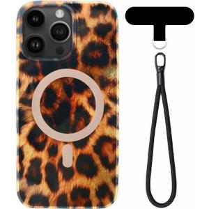 Brown Leopard Print Phone Case for iPhone 15 Pro Max ( 6.7inch ) - Compatible with MagSafe - 10ft Drop Tested, Soft Cheetah Protective Phone Case Cover with Wrist Lanyard Strap for Girls Women