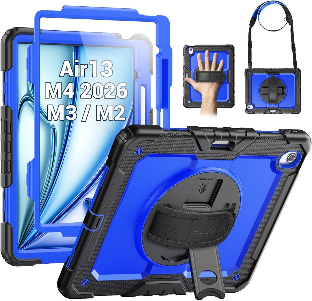 SEYMAC for iPad Air 13 Inch Case M4 / M3 / M2 (2026/2025 / 2024), Heavy Duty Shockproof Protective Case with Screen Protector, 360 Rotating Stand, Hand/Shoulder Strap and Pen Holder, Blue