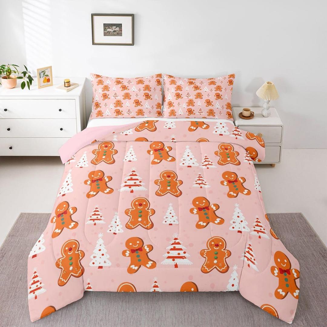 Feelyou Cute Christmas Comforter Set for Kids Boys Girls Gingerbread Man Snowman Comforter Pink Xmas Tree Bedding Set Bedroom Decor Christmas Tree Duvet Set Twin Size Comforter Inner Fill 2Pcs (Multi 51)