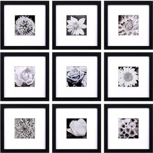 Yaetm 8x8 Picture Frames Black Set of 9, Square 8x8 Frame Displays 4x4 with Mat or 8 x 8 without Mat, Gallery Wall Frames for Wall Mounted (9 Pack, Black)
