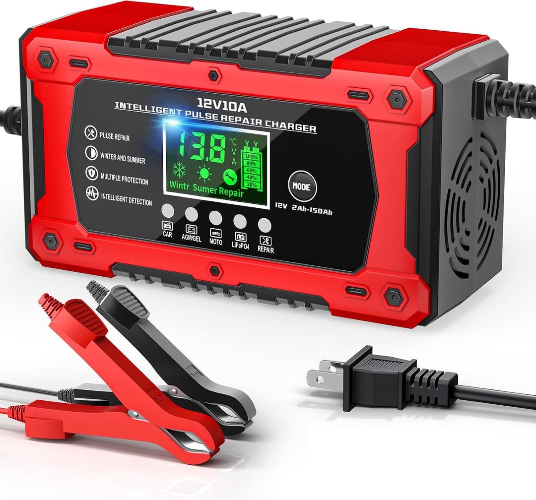 10A 12V Battery Charger for Car Fully Automatic Smart Trickle Charger & Maintainer with LCD Display, Temperature Compensation for Truck, Motorcycle, Boat, Lawn Mower