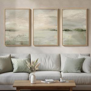 Large Framed Sage Green Abstract Landscape Wall Art, 3 Piece Modern Canvas Prints Paintings Artwork for Walls, Minimalist Nature Pictures for Living Room Dining Room Hallway Wall Decor, 20x30 In