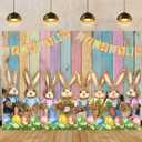 Easter Backdrop Colorful Wood Photography Backdrop Rabbit Eggs Grass Spring Background Banner Easter Party Decoration Kids Birthday Baby Shower Photo Booth Props (8X6FT)