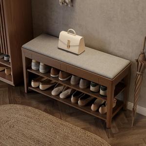 Shoe Bench with Storage, Wooden Shoe Storage Bench with Cushion&Hidden Drawer, 2-Tier Shoe Rack Bench for Entryway, Mudroom, Hallway, 39.4"W x 13.6"D x 21.3"H