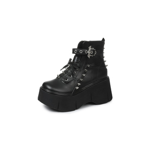 Women Black Platform Boots Wedge Goth Round Toe Lace Up Chunky Heel Studded Combat Zip Buckle Ankle Shoes, 43