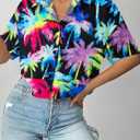 Cropped Hawaiian Shirts for Women Hawaii Tropical Button Down Tops Floral Tropic Print Summer Beach Outfits (S)