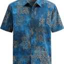 Mens Hawaiian Shirt Short Sleeve Breathable Aloha Beach Shirts for Men Summer Vacation Button Down, Retro Floral (Blue, L)