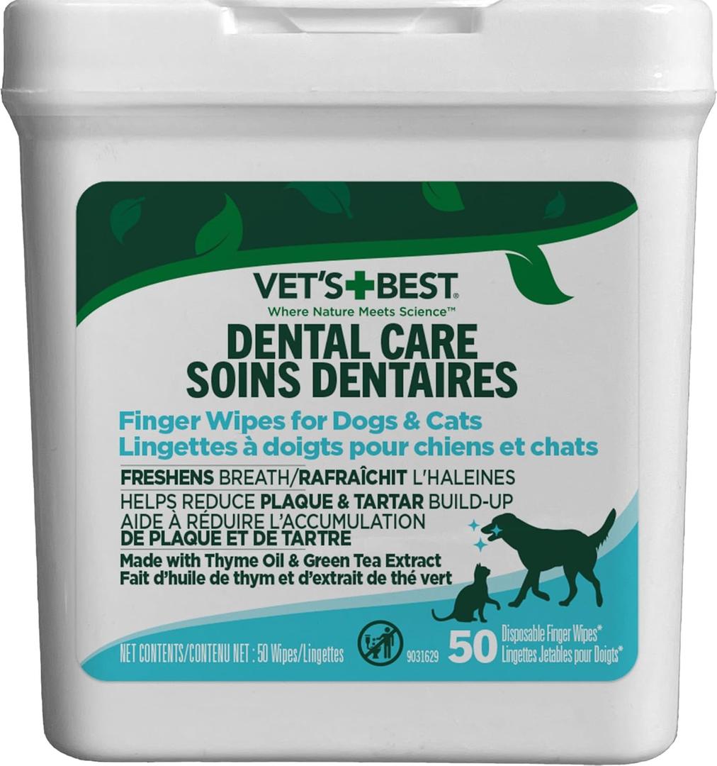Vet's Best Dental Care Finger Wipes for Dogs, Plaque & Tartar Remover For Teeth, Dog Dental Care Freshens Breath, Teeth Cleaning Finger Wipes for Dogs & Cats, Dog Wipes, Pet Wipes For Cats, 50 Count