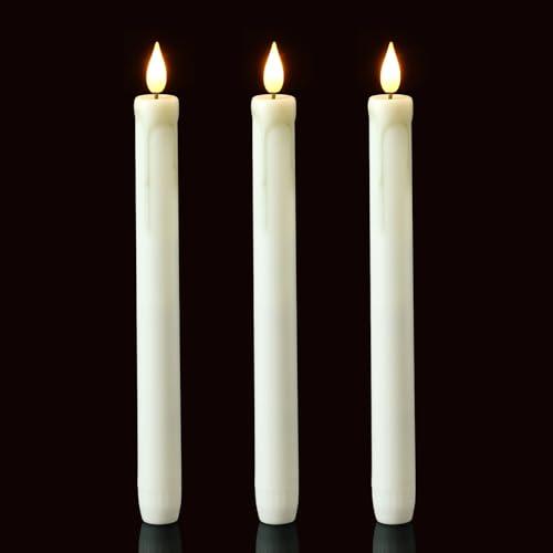 Homemory 3 Pack Flameless Taper Candles, No Remote, Realistic Flickering Battery Operated Candlesticks, White LED Plastic Candle Safe for Weddings, Table Decor, Christmas, and Halloween