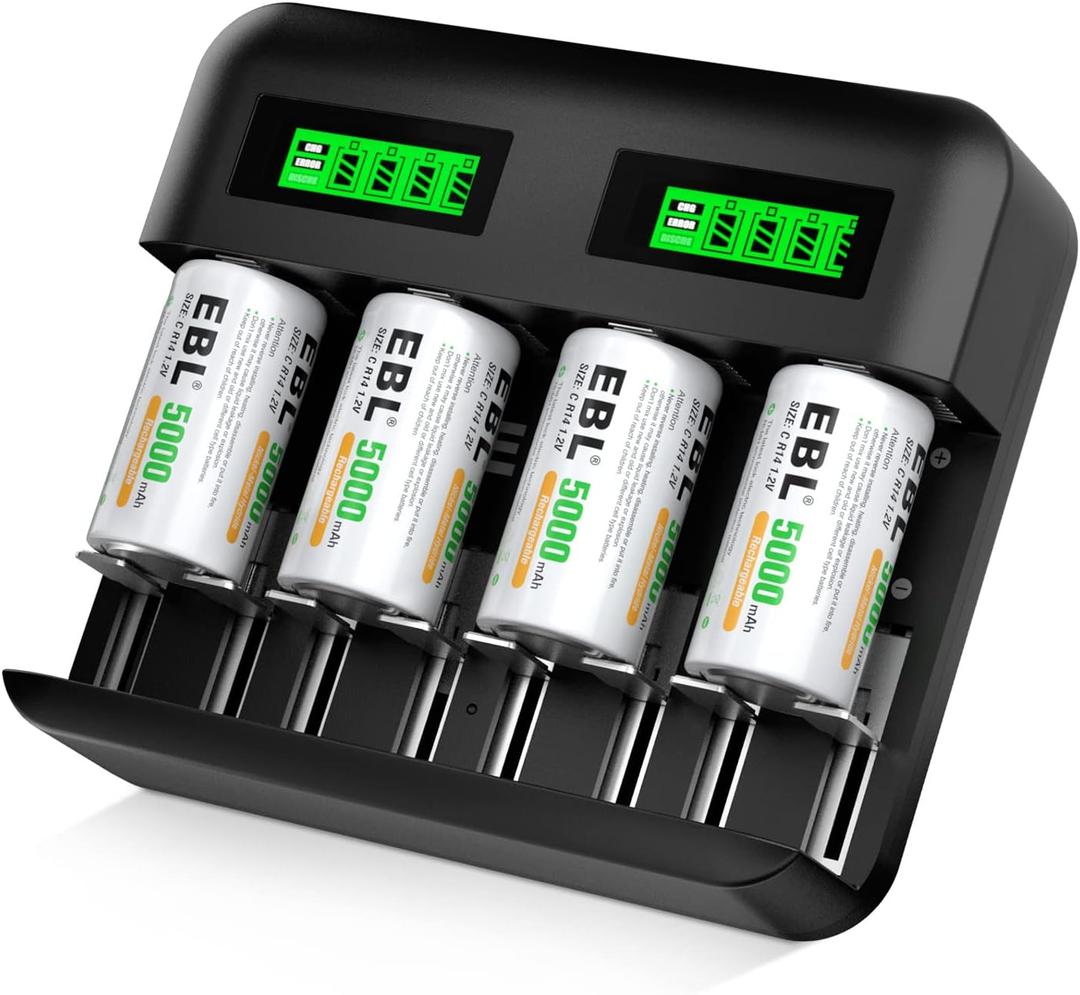 EBL Rechargeable C Batteries (4 Pack) and LCD Smart Battery Charger for Ni-MH AA AAA C D Rechargeable Batteries