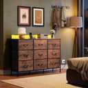 WLIVE Dresser TV Stand for 45, 50, 55 inch TV, Entertainment Center with LED Lights & Charging Station, Chest of Drawers with 9 Fabric Drawers and Open Shelves for Living Room, Hallway, Rustic Brown