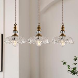 Vintage Glass Pendant Light Fixture 3-Pack Brass Modern Adjustable Chandelier Farmhouse Hanging Ceiling Light for Hallway Porch Kitchen Bedroom Coffee Shop Dining Room