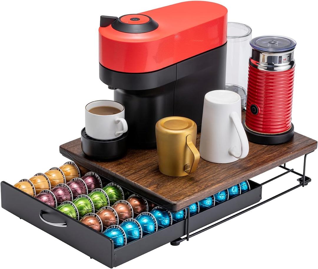 Flagship for Nespresso Pod Holder Vertuo Pod Drawer Coffee Pod Storage for Vertuo Pod with Elegant Wood Top(50 Pods Capacity)