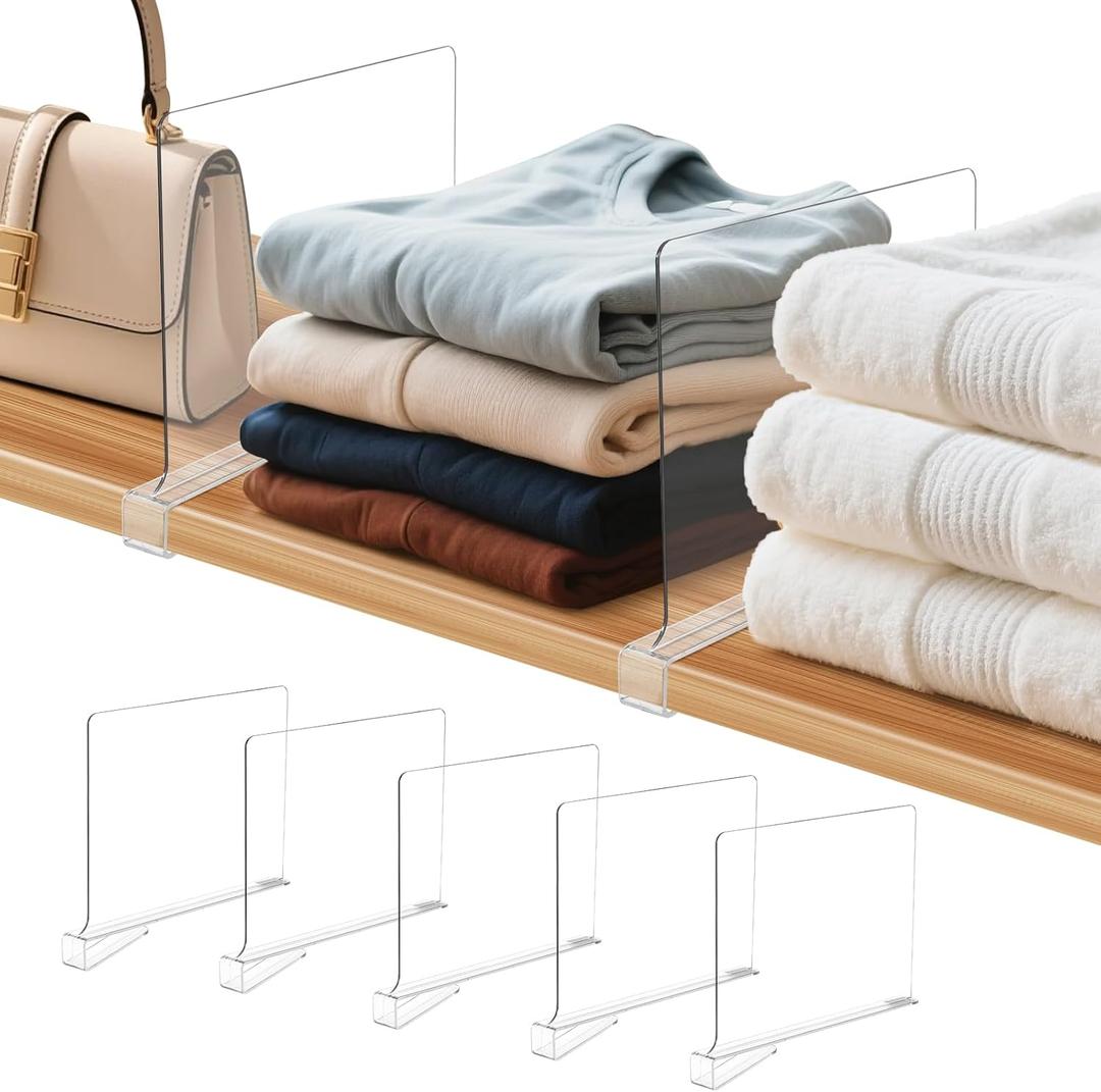 Clebay 5 Pack Clear Shelf Dividers for Closets, Acrylic Dividers for Shelves, Closet Shelf Divider for Organization,Organizers & Separators for Shelf Storage, Home Closets, Cabinets