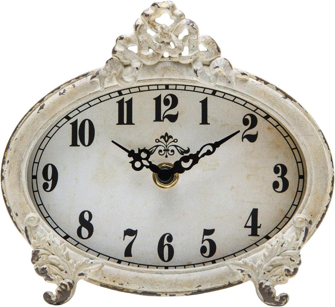 NIKKY HOME Vintage Table Clock, Battery Operated Rustic Design, Chic Home Dcor for Fireplace Mantel, Shelf, Desktop, Countertop - Distressed White