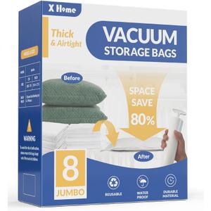 8 Pack Jumbo Vacuum Storage Bags, 80% Space Saver Vacuum Seal Bags for Clothing Bedding, Blankets, Comforters, Duvets, Quilts, and Pillows, Vacuum Compression Bags with Travel Hand Pump