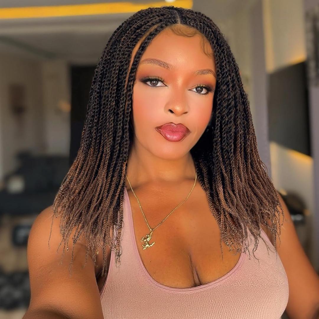 quickwig Senegalese Twist Braided Wig for Black Women Full Lace Short Knotless Twist Wigs Glueless Ombre Brown Synthetic Braids Wigs with Baby Hair Micro Twist Hair 20 inches 1B/30