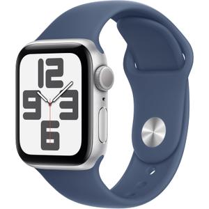 Apple Watch SE (2nd Gen) [GPS 40mm] Smartwatch with Silver Aluminum Case with Denim Sport Band S/M. Fitness and Sleep Trackers, Crash Detection, Heart Rate Monitor, Retina Display