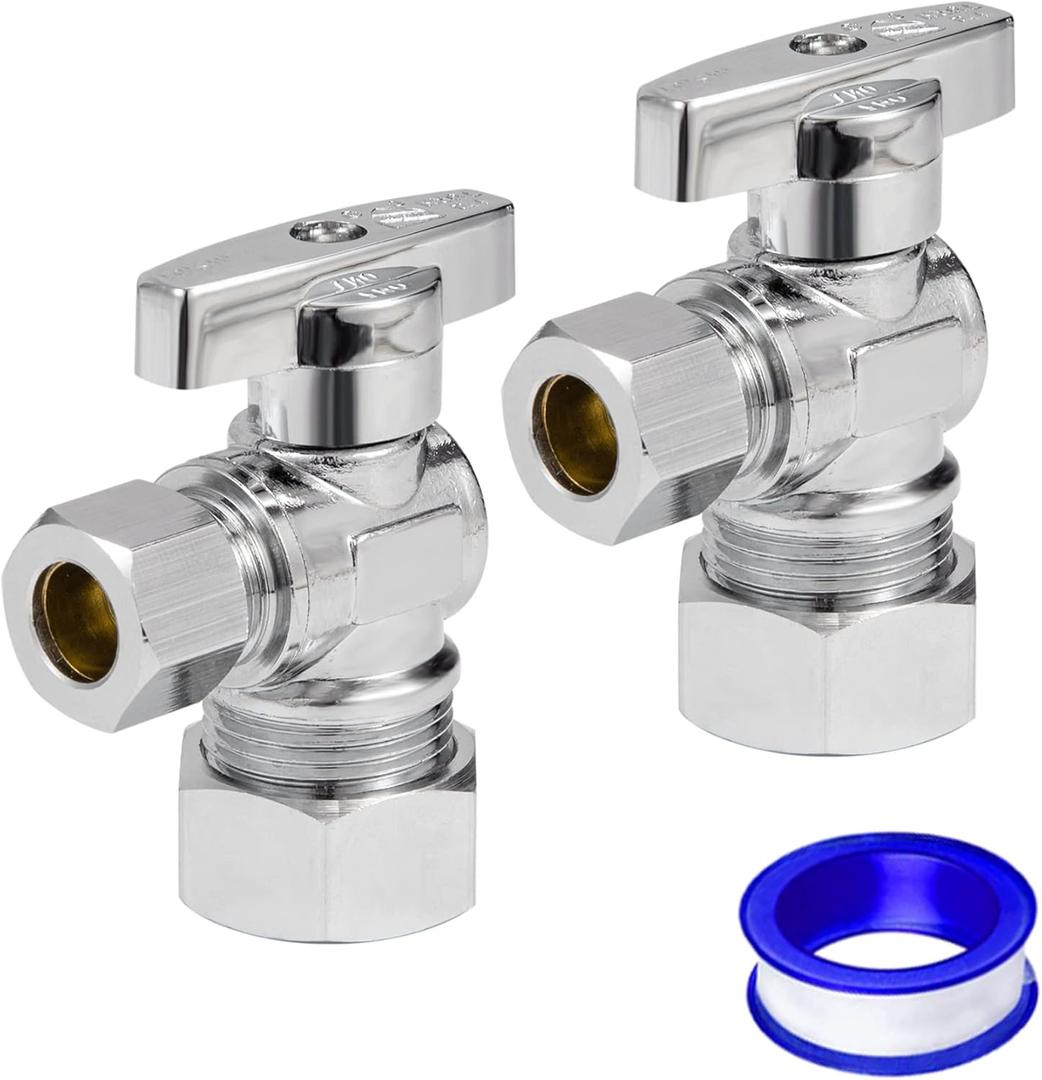 Heavy Duty Angle Stop Valve 1/2" Nom (5/8" OD) Comp x 3/8" OD Comp, 1/4-Turn OperationHigh quality lead-free brass (2PCS)