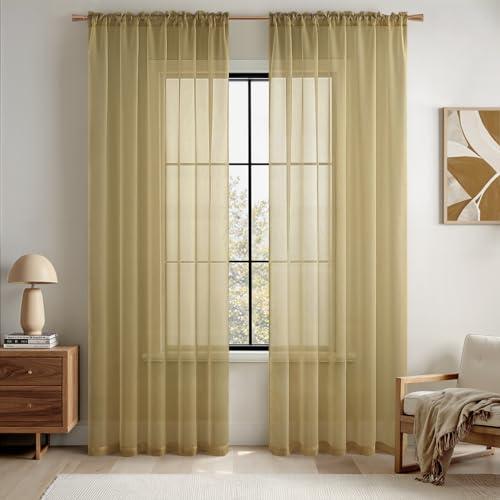 MIULEE 2 Panels Solid Color Sheer Window Curtains Elegant Window Voile Panels/Drapes/Treatment for Bedroom Living Room (54X96 Inches Dark Gold)