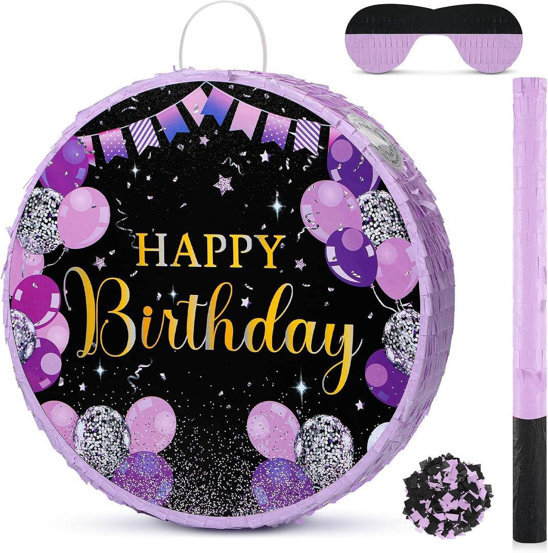 Sinmoe Birthday Piata with Stick Blindfold and Confetti Large Piata for Adult Men Women Birthday Party Supplies Decoration Wedding Anniversary(Purple)