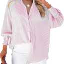 Womens Smocked Cuffed Striped Boyfriend Shirt Casual Collar Long Sleeve Oversized Button Down Blouse Tops with Pocket Shirred (Large, Pink)