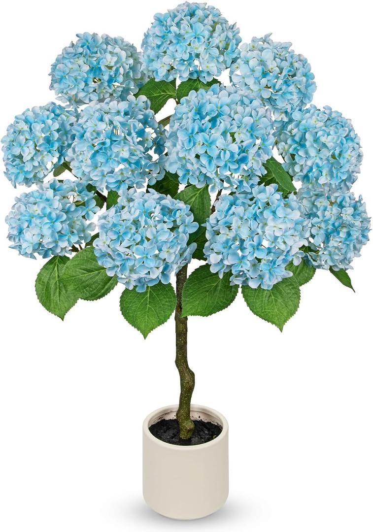 Hollyone Artificial Hydrangea Tree 3FT Blue Hydrangea Artificial Flowers Tree in Pot Fake Hydrangeas Plants & Flowers in Planter Greenery Potted Plant Indoor Outdoor Front Door Porch Home Decor