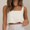 IDEALSANXUN Linen Crop Tank Tops for Women Summer Sleeveless Casual Cute Square Neck Tank Tops (M)
