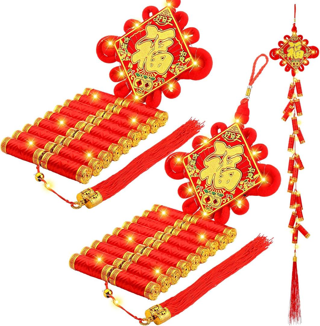 Honoson 2 Chinese New Year Hanging Decorations 2026 Electronic Firecrackers with LED Decorations Spring Festival Ornament Traditional Lucky Tassel Firecracker Decor for Home Door