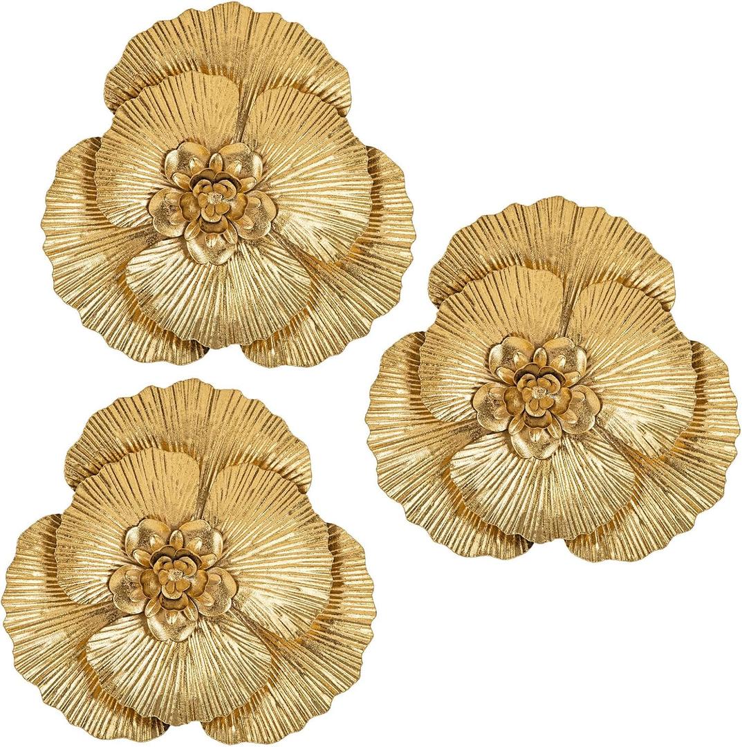 DILATATA 3 Pcs Metal Flower Wall Art Set 10 Inch Rustic Modern Floral Sculpture 3D Metal Flower Wall Hanging Accent for Indoor Living Room Bedroom Kitchen Bathroom Garden Patio Decor - Gold (Style 2#Gold)